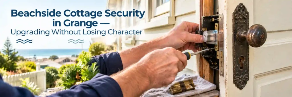 Locksmith upgrading a traditional cottage door lock in Grange near the beach