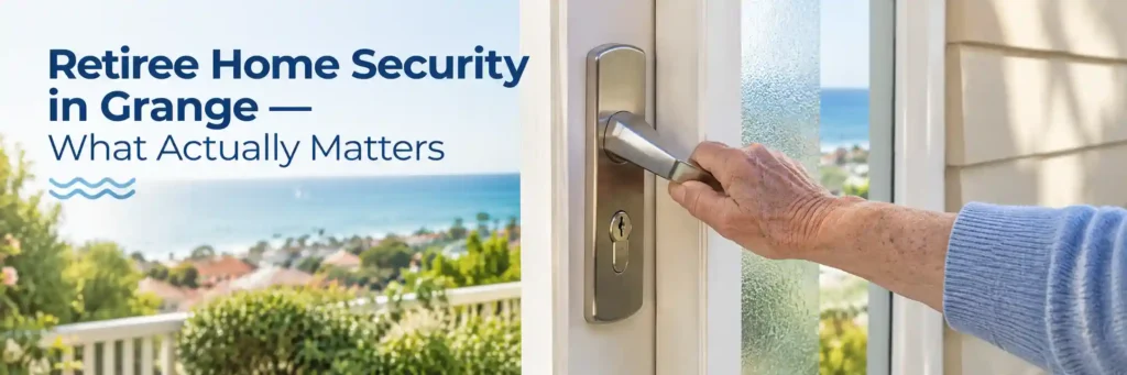Retiree home security in Grange with an older resident using a secure front door lock